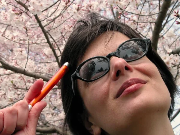 Menina Atitude Pensamento Facial Sobre Uma Flor Cerejeira Árvore Fundo — Fotografia de Stock