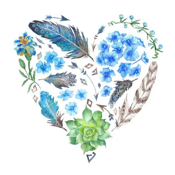 Kreativa Botaniska Valentine Illustration Med Växter Och Fjädrar Isolerad Vit — Stockfoto