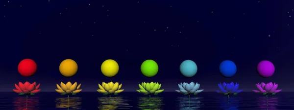 Sfere Colorate Chakra Bellissimi Fiori Giglio Notte — Foto Stock