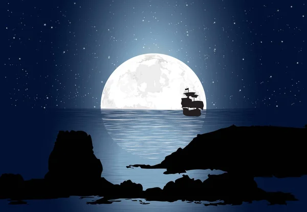 Meio Grande Lua Sobre Oceano Juntamente Com Pequeno Veleiro — Fotografia de Stock