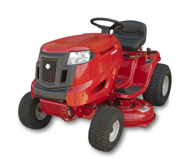 Röd Sittande Gräsmatta Traktor Vit Isolerad Med Skugga Och Urklippsbana — Stockfoto
