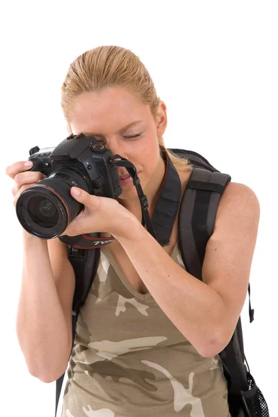 Young Blond Woman Big Camera Her Neck Taking Pictures — Stock Photo, Image