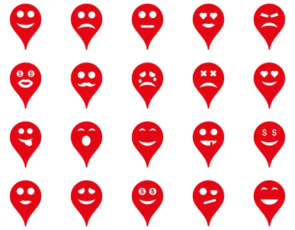 Emotion map marker icons. Glyph set style is flat images, red symbols, isolated on a white background.