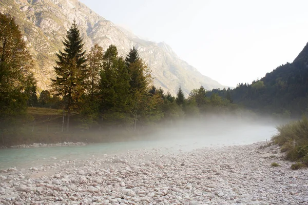 Niebla Río Soca Los Alpes Julianos Eslovenos — Foto de Stock