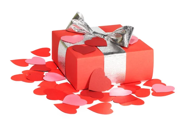 Dia Dos Namorados Presente Caixa Vermelha Pequenos Corações Isolados Branco — Fotografia de Stock