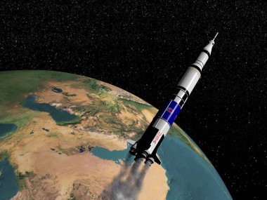 Saturn V spaceship flying upon the earth - Elements of this image furnished by NASA clipart