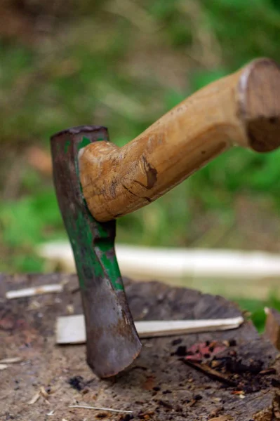 Deck Background Green Grass Firewood — Stock Photo, Image