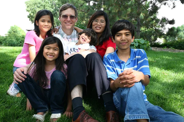 Grande Família Multirracial Sentado Gramado — Fotografia de Stock