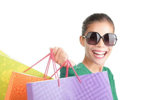 Zakupy Podekscytowany Kobieta Shopper Wielkim Uśmiechem Dużo Torby Zakupy Izolowane — Zdjęcie stockowe