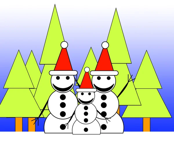 Una Familia Muñecos Nieve Felices Bosque —  Fotos de Stock