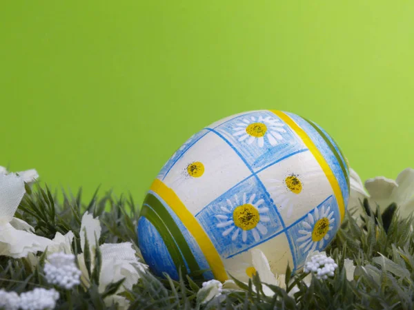 イースターエッグ 人工芝や花 緑の背景に手描きデイジーデザイン — ストック写真