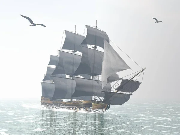 Schönes Detailliertes Altes Handelsschiff Neben Möwen Bei Nebligem Morgenlicht — Stockfoto