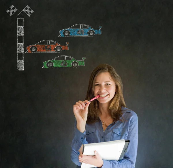 Business Woman Student Teacher Nascar Racing Fan Cars Blackboard Background — Stock Photo, Image