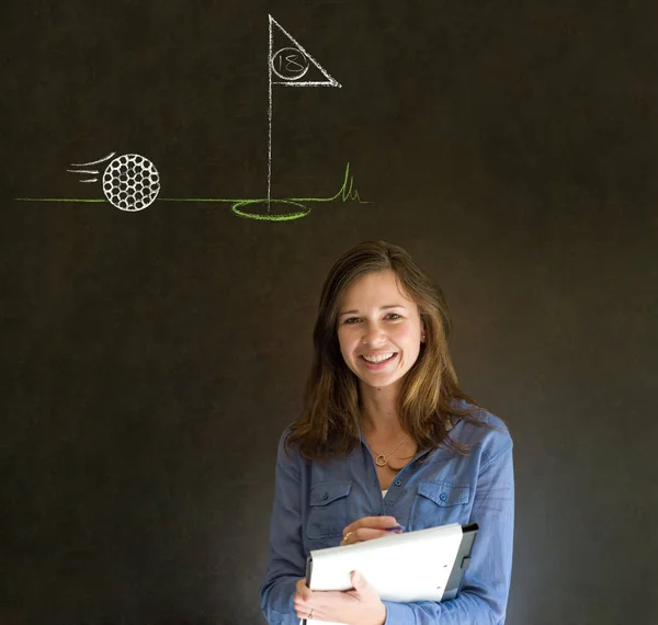 Business Woman Student Teacher Thought Thinking Golf Chalk Cloud Blackboard — Stock Photo, Image