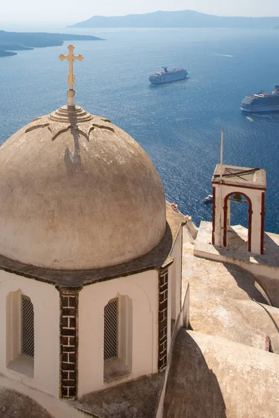Passing Cruise Boats Aegean Sea Beautiful Ornamented Orthodox Cross Dome — Stock Photo, Image