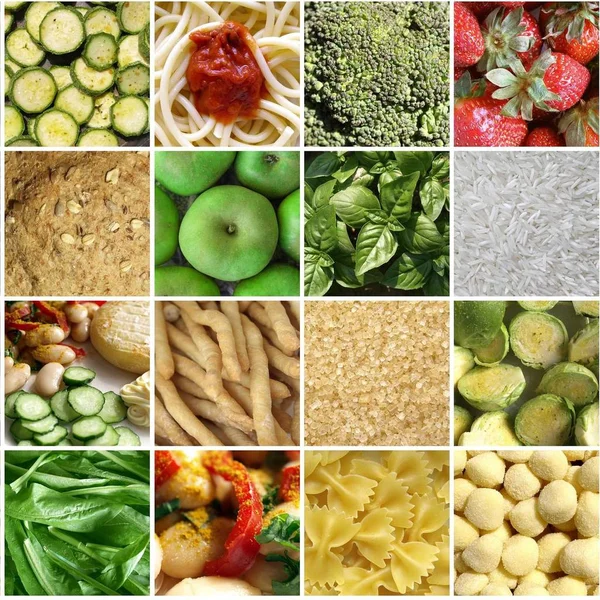 Colagem Alimentos Incluindo Fotos Legumes Frutas Massas — Fotografia de Stock