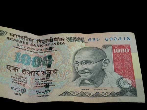 Pendekatan Dari Seribu Rupee India Bill Note Dengan Lambang Gandhi — Stok Foto