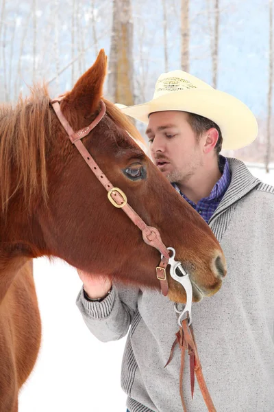 Young Cowboy His Horse Snow Forest — Stock Photo, Image