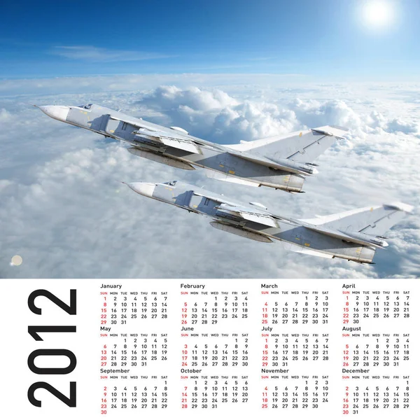 2012 Calendário Com Avião Militar Céu Nuvens — Fotografia de Stock