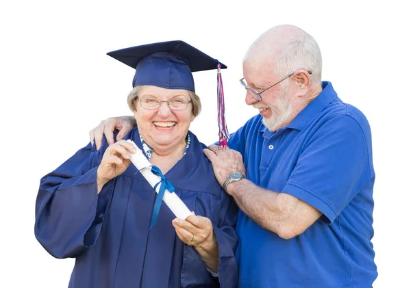 Anziano Adulto Donna Laureato Cap Abito Essere Congratulato Marito Isolato — Foto Stock