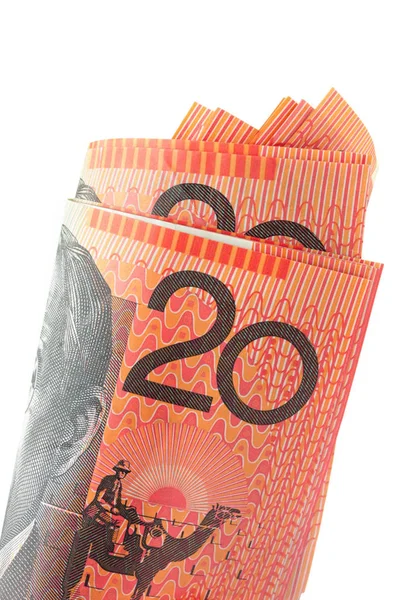 Rolka Australijskich Dwadzieścia Dolarów Notatki Izolowane Białym — Zdjęcie stockowe