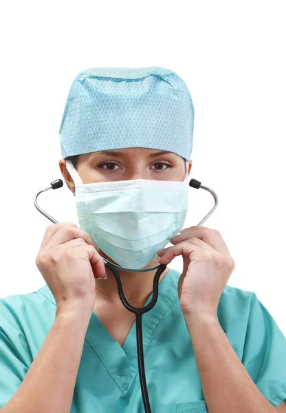 Medico Donna Che Indossa Uno Stetoscopio Isolato Uno Sfondo Bianco — Foto Stock
