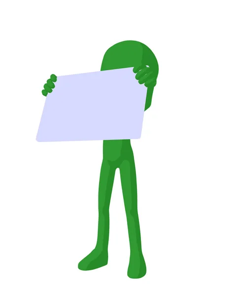 可爱的绿色剪影的家伙拿着一个空白的名片在白色背景 — 图库照片