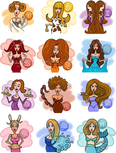 Illustration Dessins Animés Signes Zodiaque Horoscope Avec Belles Femmes — Photo