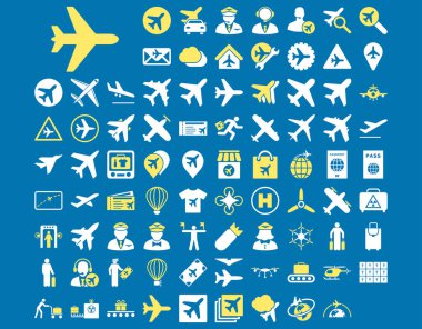 Aviation Icon Set. These flat bicolor icons use yellow and white colors. Raster images are isolated on a blue background. clipart