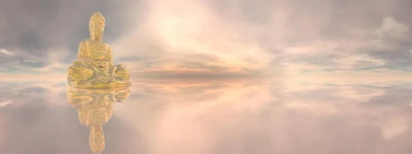 Ένας Χρυσός Βούδας Διαλογισμό Στο Νερό Ηλιοβασίλεμα 360 Μοίρες Επίδραση — Φωτογραφία Αρχείου