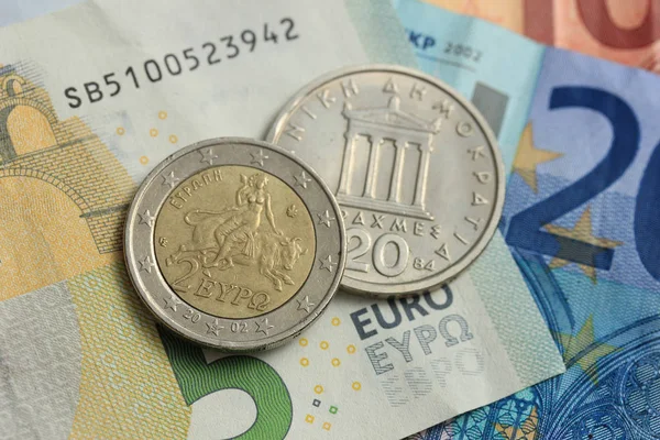 Dracma Griego Moneda Euros Billetes Banco — Foto de Stock