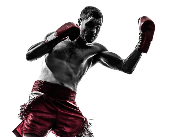 Caucasiano Homem Exercitando Tailandês Boxe Silhueta Estúdio Fundo Branco — Fotografia de Stock