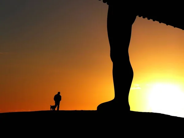 Silhouette Man His Dog Passing Angel North Sculpture Sunset — Stock Photo, Image