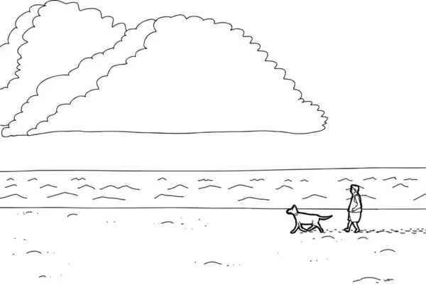 Cartoon Outline Man Walking Dog Ocean Beach — Stock Photo, Image