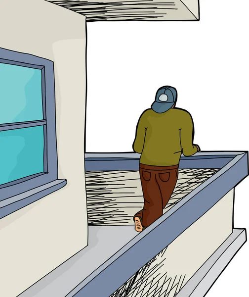 Člověk Při Pohledu Kreslených Balkonu Nad Bílá — Stock fotografie