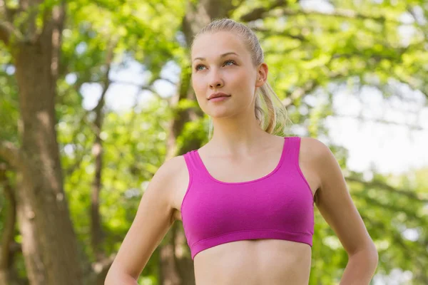 Primer Plano Una Joven Sana Hermosa Sujetador Deportivo Contra Los — Foto de Stock