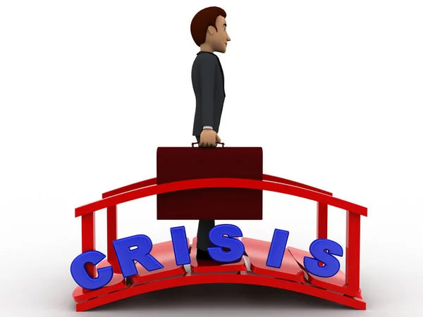 Man Crossing Crisis Bridge Concept White Background Front Angle View — Stock Photo, Image