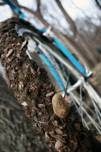 Tjock Lera Och Stenar Fastnat Ett Cykeldäck — Stockfoto