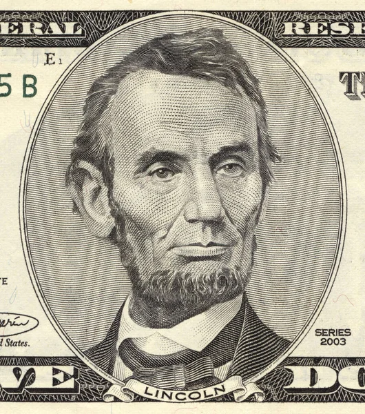 Αβραάμ Λίνκολν Πορτραίτο Πέντε Δολάριο Νομοσχέδιο Κινηματογράφηση Πρώτο Πλάνο Αλήθεια — Φωτογραφία Αρχείου