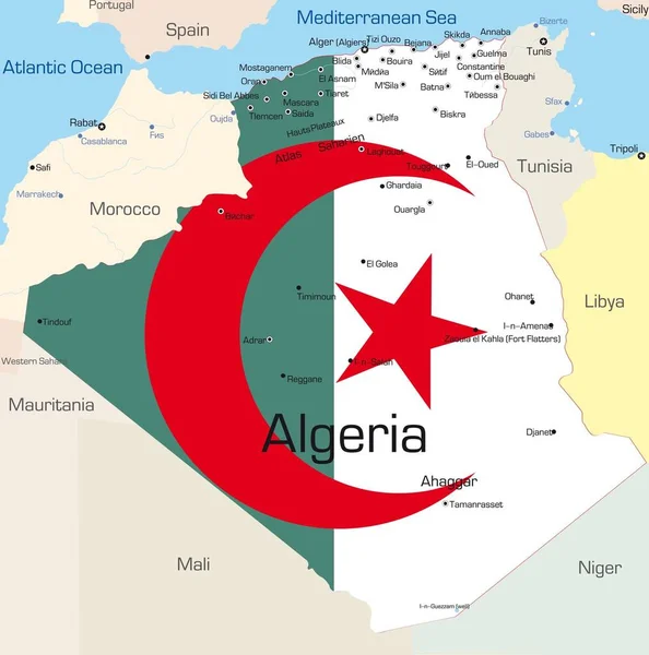 Abstraktní Vektorová Barevná Mapa Země Alžírska Zbarvená Národní Vlajkou — Stock fotografie