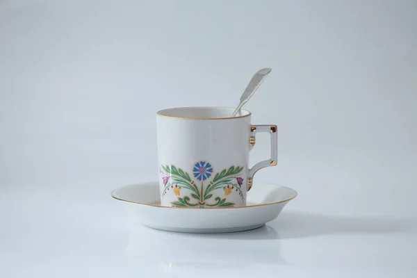 Tea Cup Beautiful Flower Pattern Spoon — Stock Photo, Image