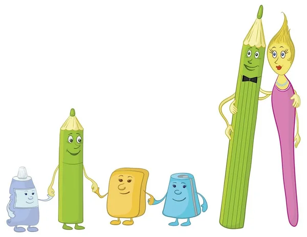 Dessin Animé Famille Papeterie Crayons Brosse Tube Gomme Taille Crayons — Photo