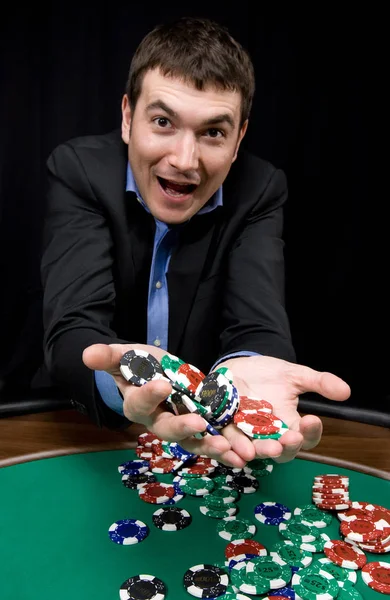 Fantástica Vitória Homem Elegante Casino Sobre Preto — Fotografia de Stock