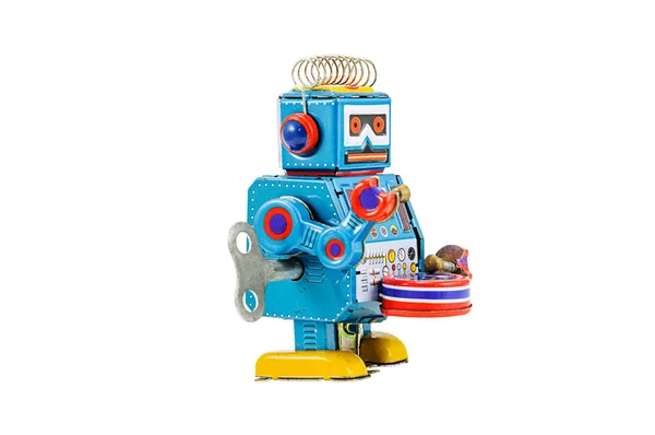 Retro Robot Speelgoed Geïsoleerd Witte Achtergrond Met Uitknippad — Stockfoto