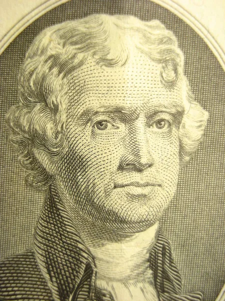 Macro Foto Van Thomas Jefferson Twee Dollar Bill — Stockfoto
