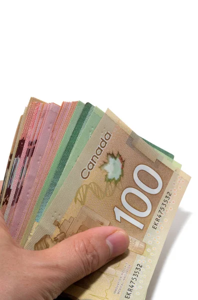 Mano Sosteniendo Una Serie Billetes Canadienses Con 100 Dólares Encima — Foto de Stock