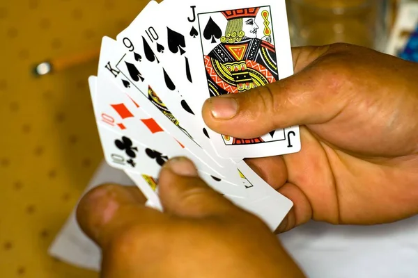 Hands Player Playing Cards Game Table — Stock Photo, Image