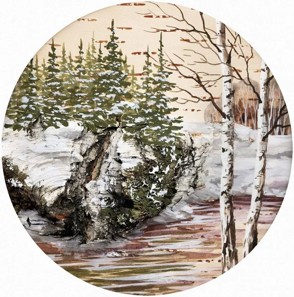 Obraz Zimowe Krajobrazy Ręcznie Robione Rysunek Tempera Brzozowej Korze — Zdjęcie stockowe