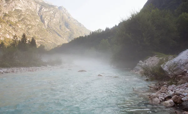 Niebla Río Soca Los Alpes Julianos Eslovenos — Foto de Stock