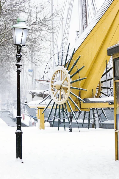 Snö Staden Gamla Vinter Harbor Det Snöar — Stockfoto